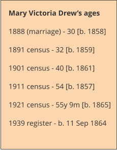 Mary Victoria Drew’s ages 1888 (marriage) - 30 [b. 1858] 1891 census - 32 [b. 1859] 1901 census - 40 [b. 1861] 1911 census - 54 [b. 1857] 1921 census - 55y 9m [b. 1865] 1939 register - b. 11 Sep 1864